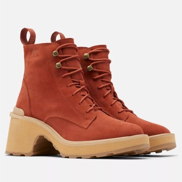 Sorel Hi Line waterproof lace up platform combat boot in orange 8 - Picture 1 of 13